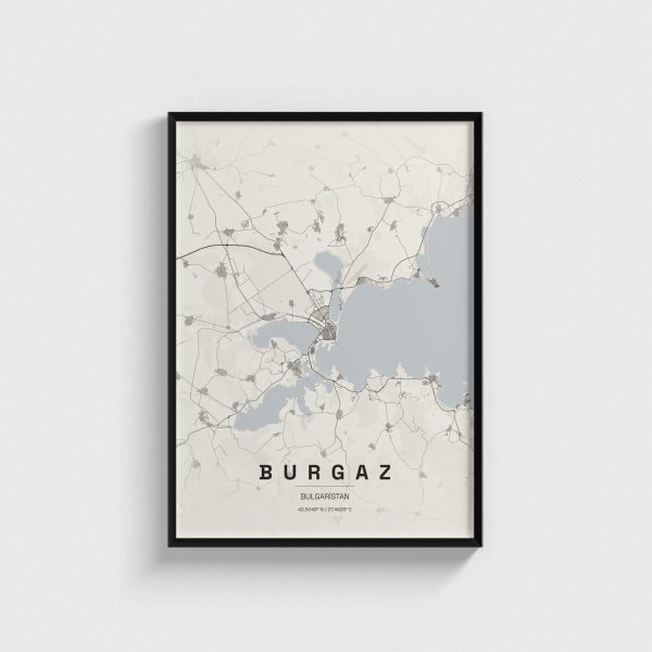 Burgaz (Burgas), Bulgaristan şehir haritası posteri, siyah çerçeveli tablo