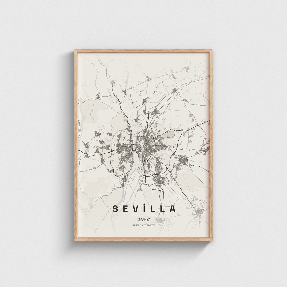 Sevilla, İspanya Şehir Haritası Posteri ve Tablosu, ahşap çerçeveli tablo