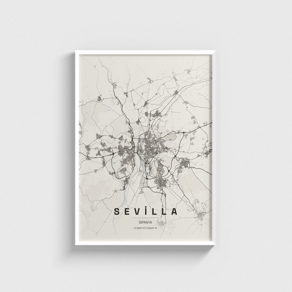 Sevilla, İspanya şehir haritası posteri, beyaz çerçeveli tablo