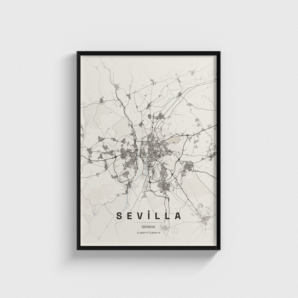 Sevilla, İspanya şehir haritası posteri, siyah çerçeveli tablo
