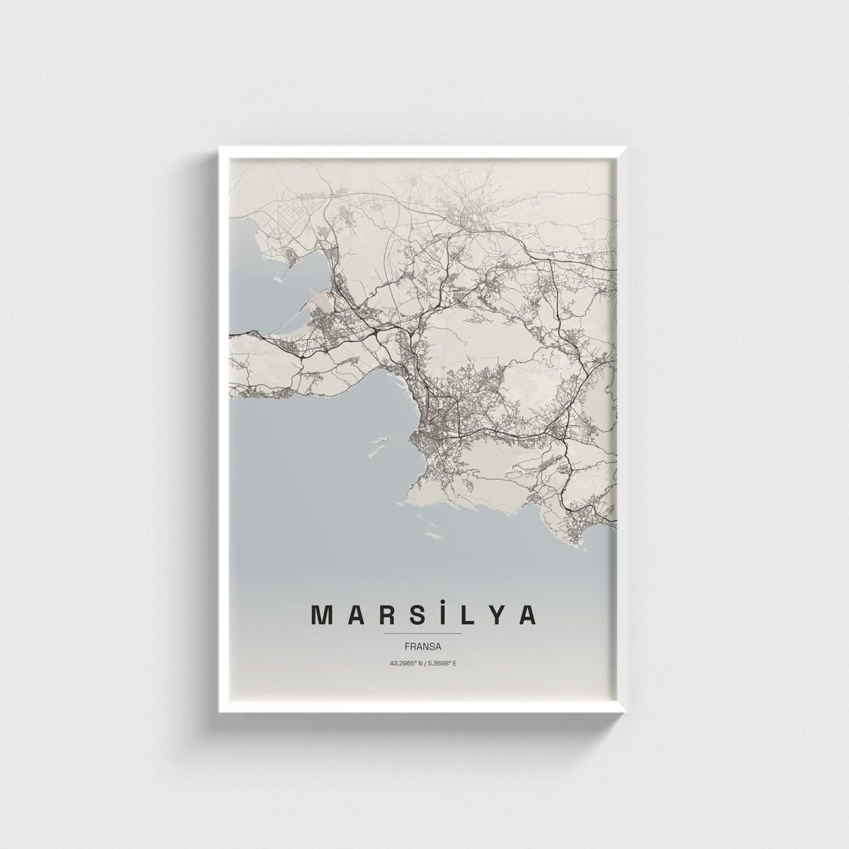 Marsilya, Fransa şehir haritası posteri, beyaz çerçeveli tablo
