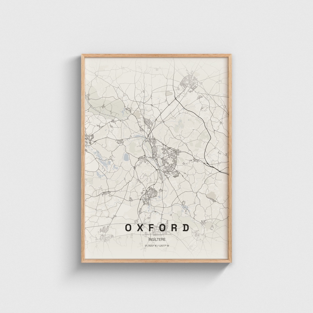 Oxford, İngiltere Şehir Haritası Posteri ve Tablosu, ahşap çerçeveli tablo