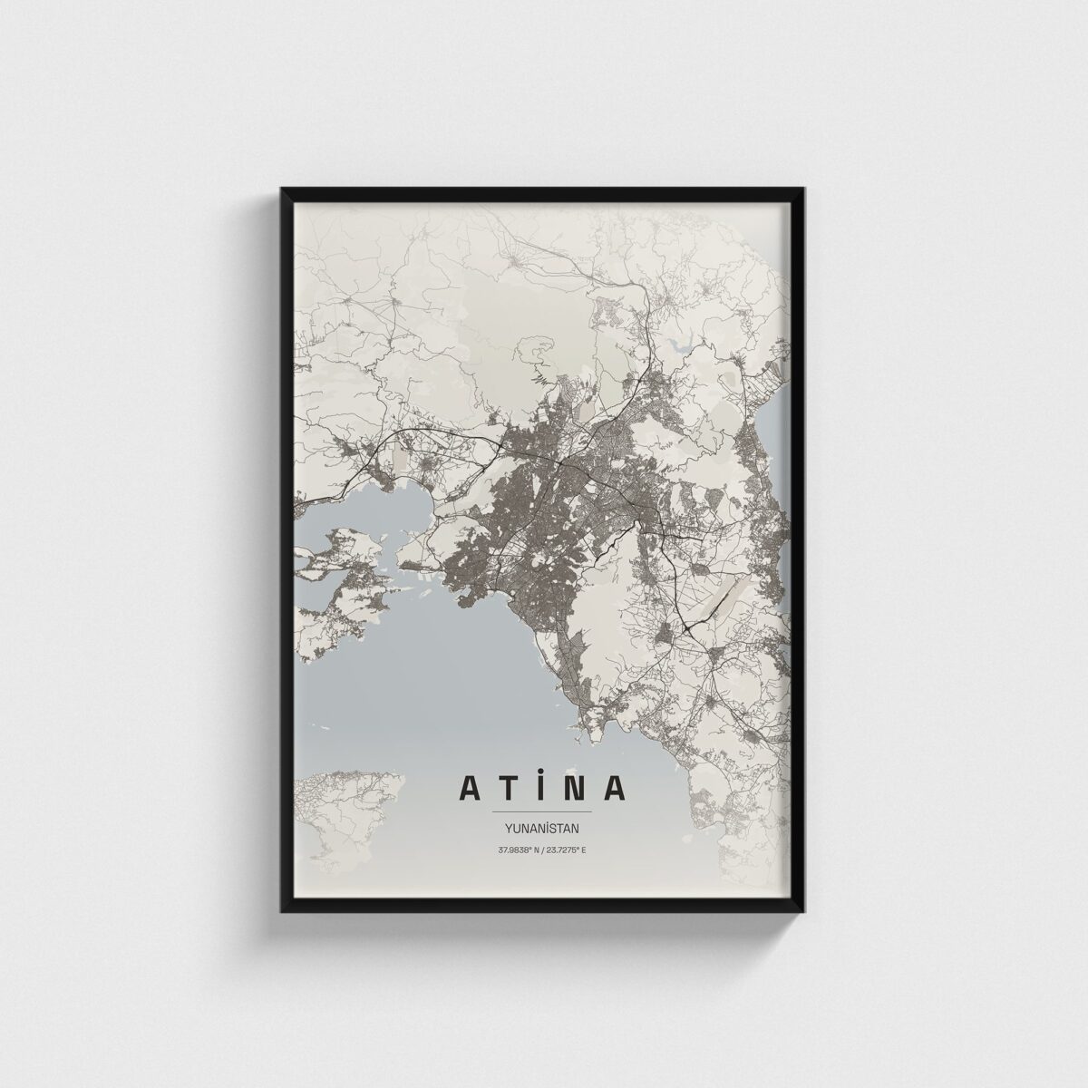 Atina, Yunanistan şehir haritası posteri, siyah çerçeveli tablo