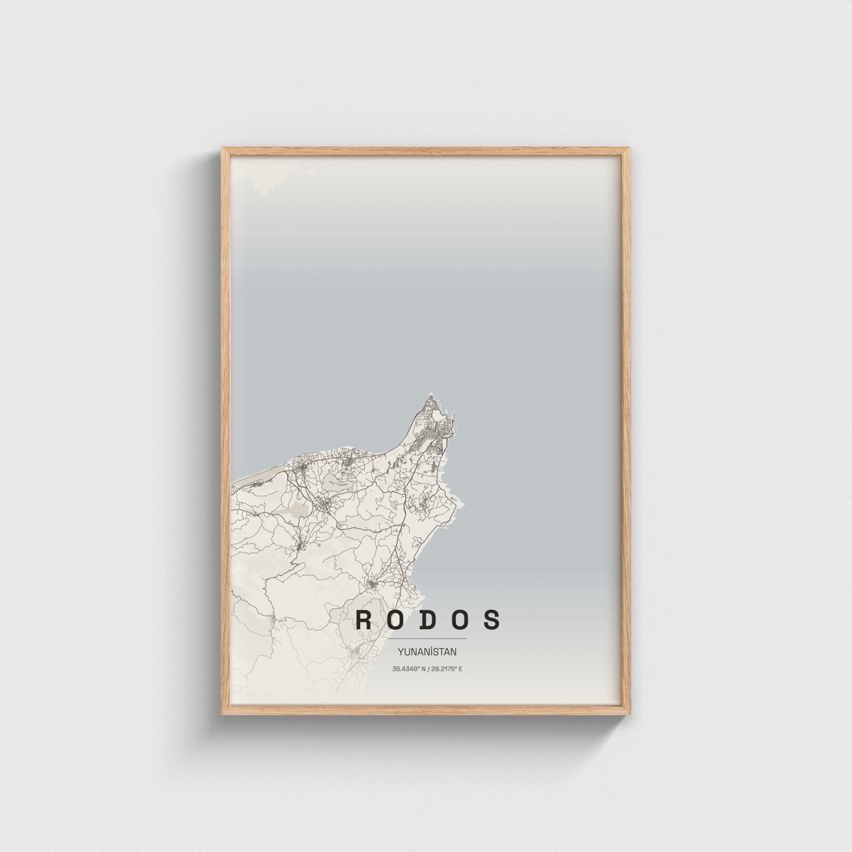 Rodos (Rhodes), Yunanistan Şehir Haritası Posteri ve Tablosu, ahşap çerçeveli tablo