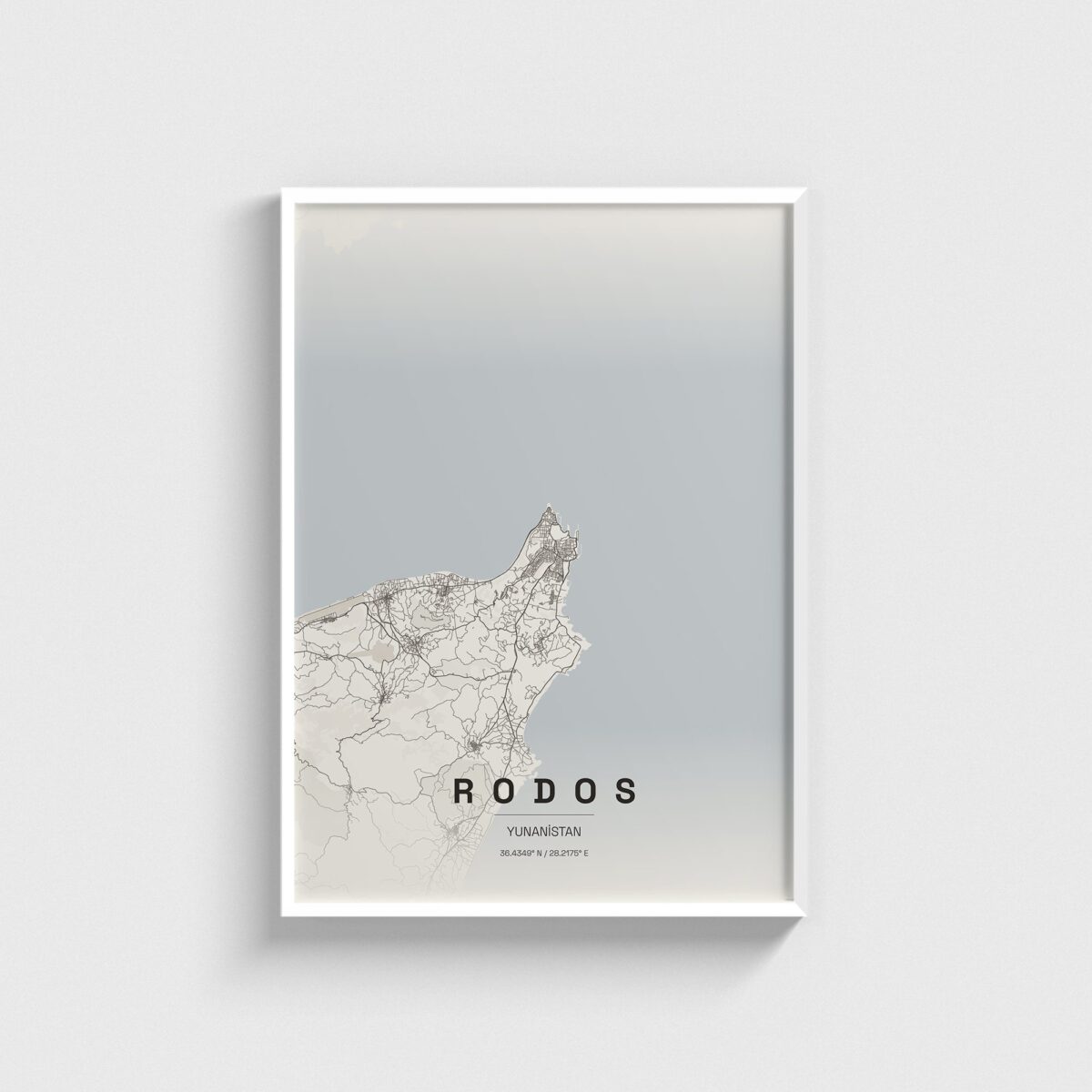Rodos (Rhodes), Yunanistan şehir haritası posteri, beyaz çerçeveli tablo