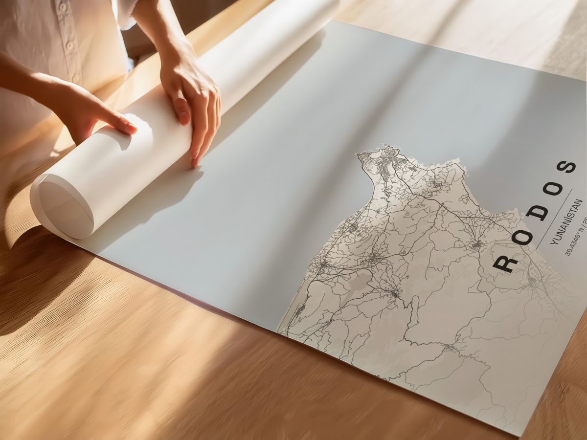 Rodos (Rhodes), Yunanistan Şehir Haritası Posteri ve Tablosu, rulo yapılmış çerçevesiz poster