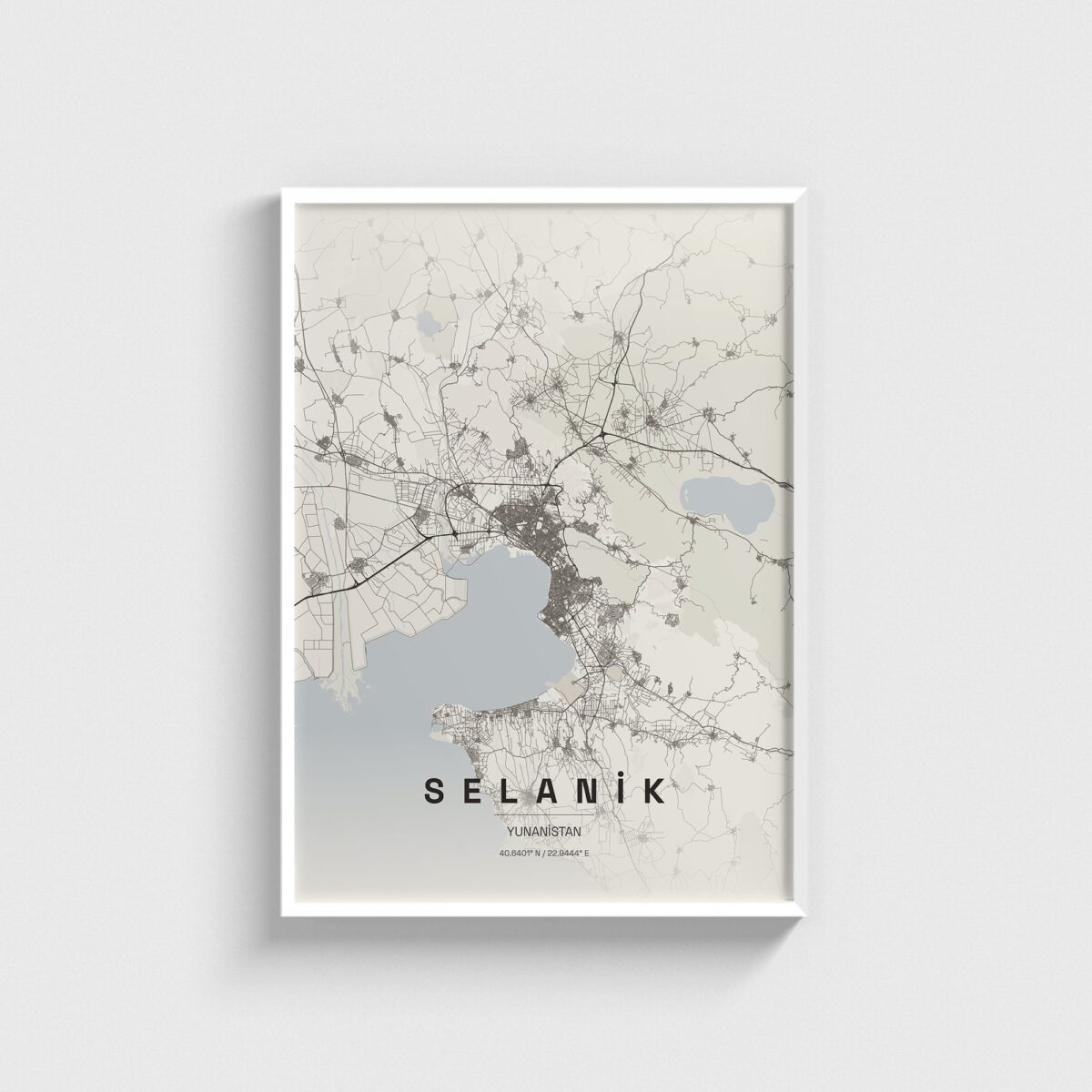 Selanik (Thessaloniki), Yunanistan şehir haritası posteri, beyaz çerçeveli tablo