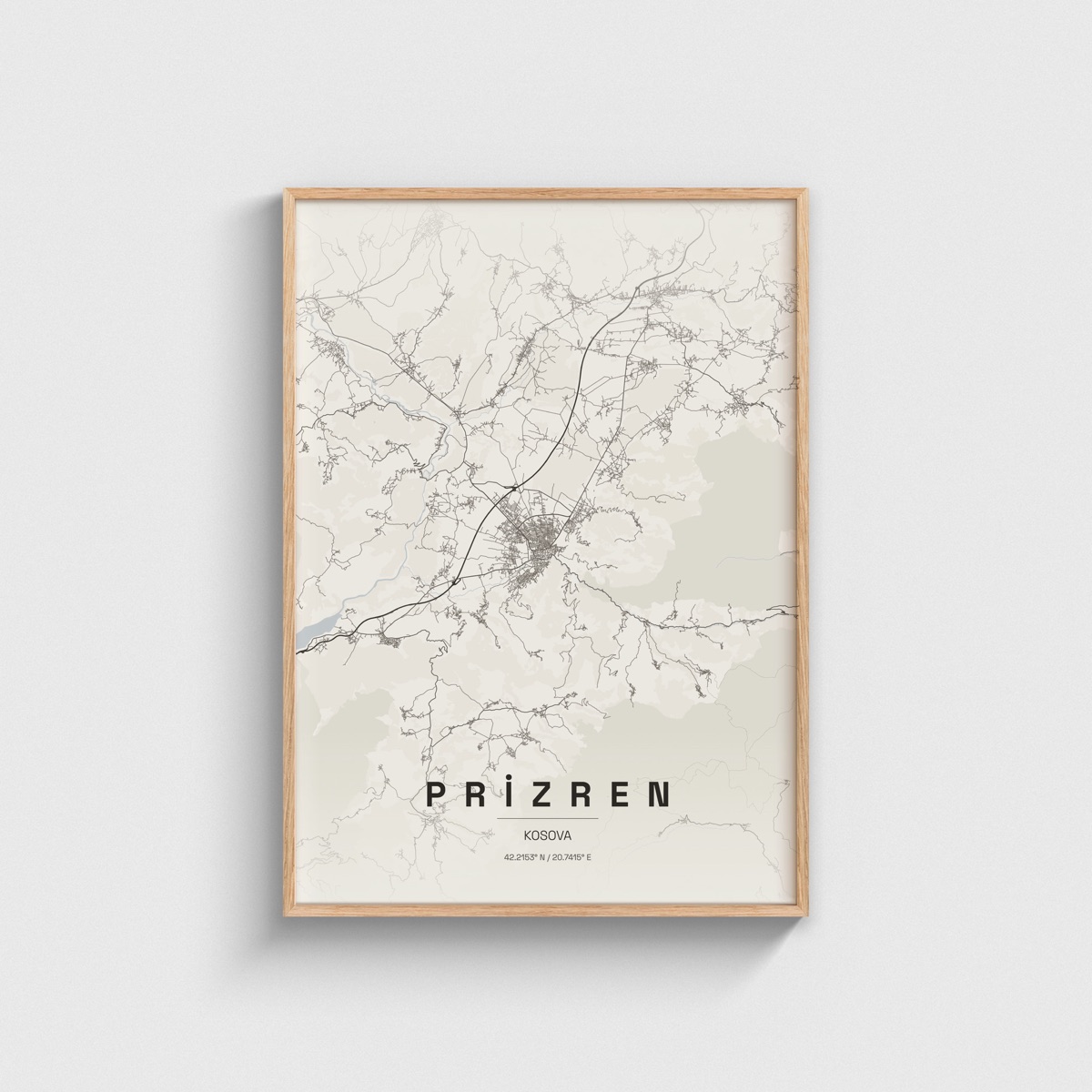 Prizren, Kosova Şehir Haritası Posteri ve Tablosu, ahşap çerçeveli tablo