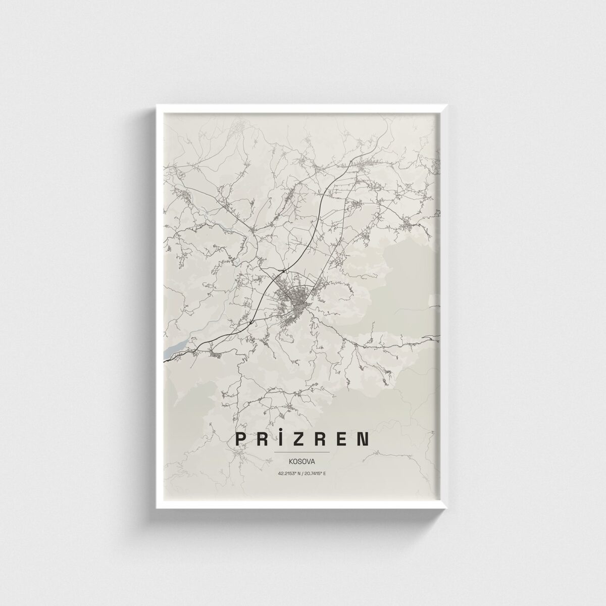 Prizren, Kosova şehir haritası posteri, beyaz çerçeveli tablo