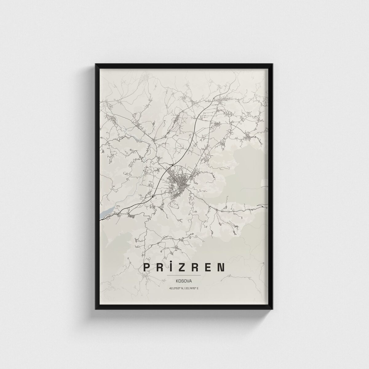 Prizren, Kosova şehir haritası posteri, siyah çerçeveli tablo